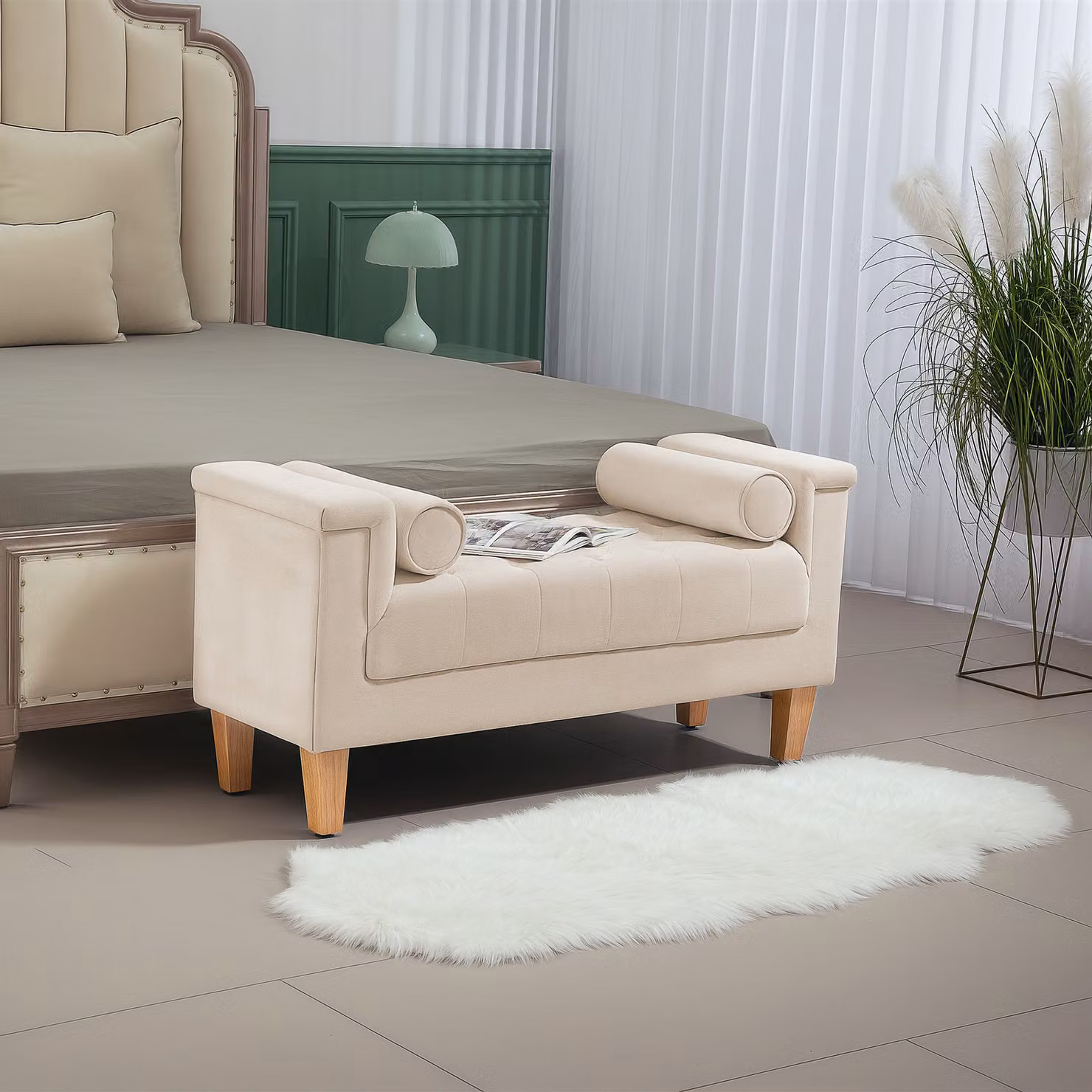 Panca Imbottita HOMCOM in Chenille Beige con 2 Cuscini, Design Vintage, L: 115 cm, P: 44 cm, H: 58 cm – 2