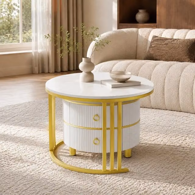 Set di tavolini bassi rotondi MIVRAY con 2 cassetti, finitura lucida bianca in MDF, L/P/H: 70 x 70 x 46 cm e 50 x 50 x 40 cm