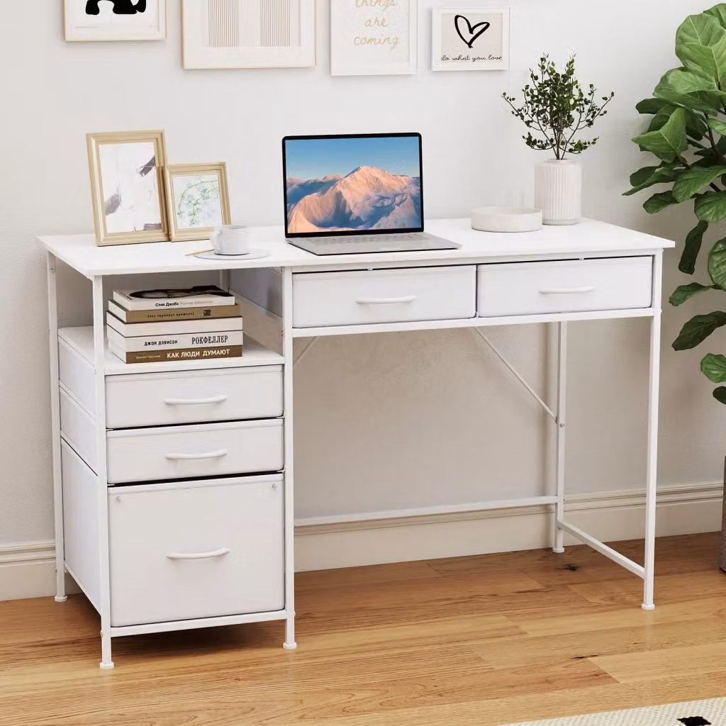 Scrivania moderna per computer e ufficio con mensola, tavolo bianco in MDF e metallo, L: 120 cm, P: 50 cm – 2