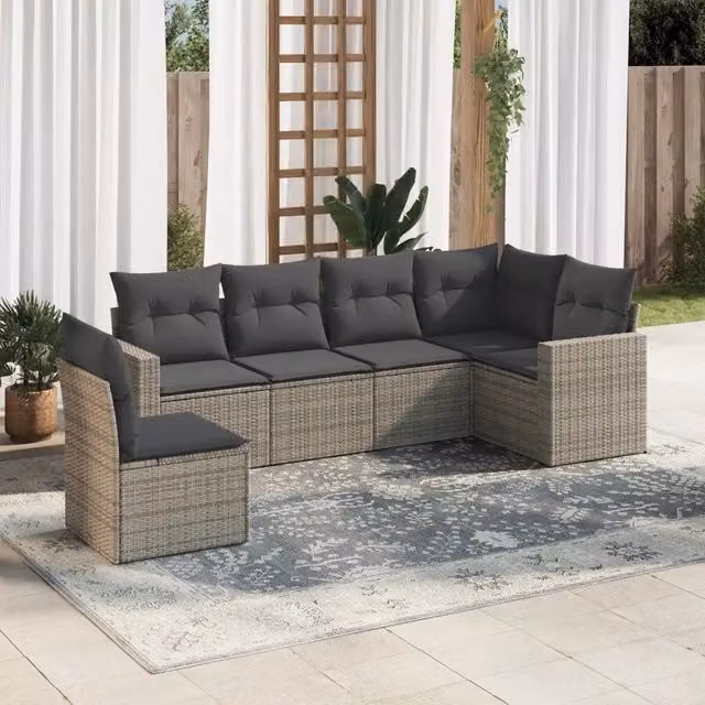 Set da giardino VIDAXL a 6 posti in polyrattan grigio con cuscini in tessuto e design moderno a L