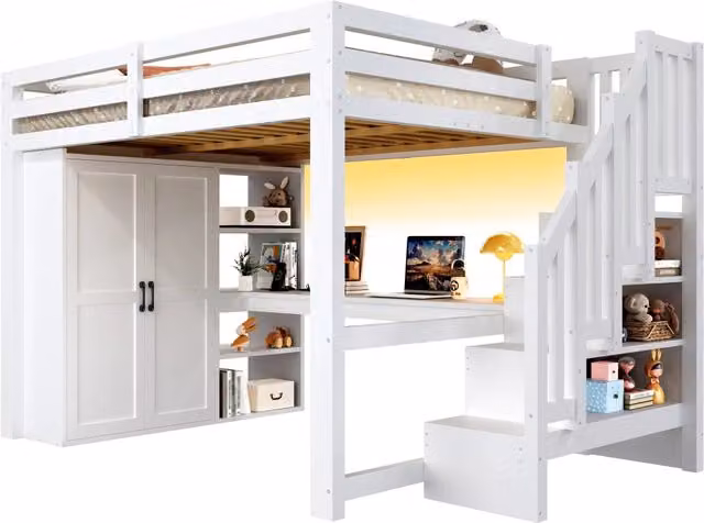 Letto a soppalco Tynqer bianco con scrivania, armadio, scale, porte USB e illuminazione LED, L/P: 140 x 200 cm