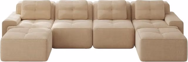 Divano modulare Chicfurn in velluto a coste beige con seduta profonda e ampi braccioli