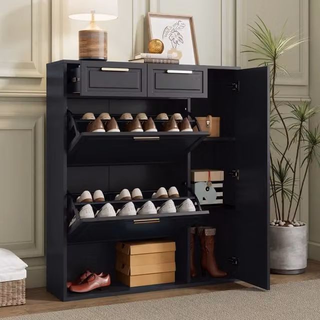 Mobile portascarpe WISHDOR nero con cassetti, ante e vani aperti, L/P/H: 95 x 24 x 107 cm
