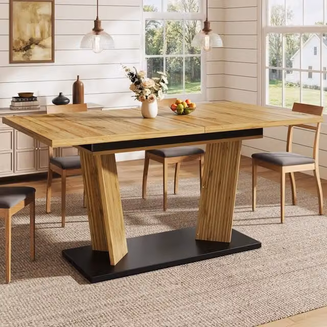 Tavolo da pranzo allungabile con doppia colonna e piedini antiscivolo, per cucina e zona pranzo, MDF rovere