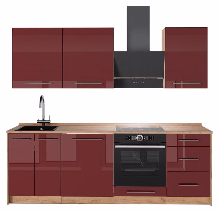 Cucina componibile Vicco Fame-Line Bordeaux lucido/Rovere dorato 230 cm, PL Rovere, Model 63994
