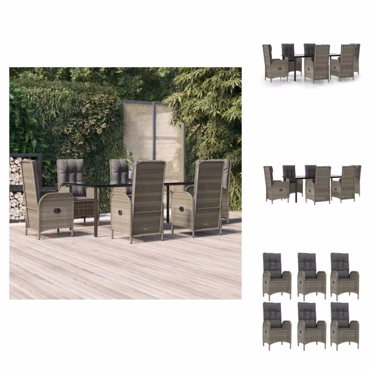 vidaXL set da pranzo da giardino 7 pezzi con cuscini in poly rattan nero e grigio - Set di mobili da giardino