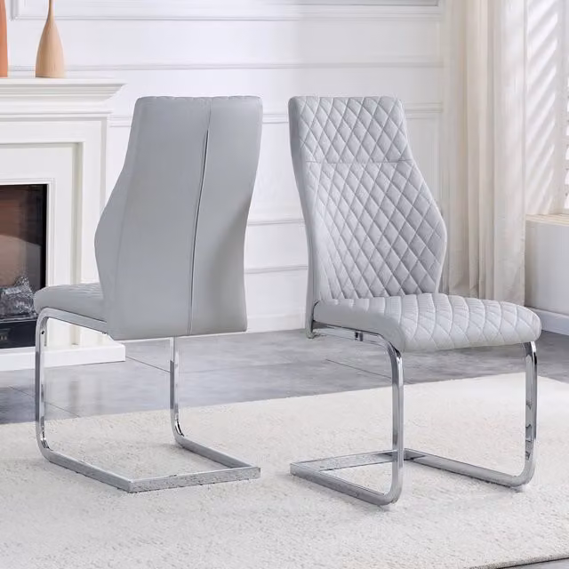 [Set di 2] Sedie da pranzo con motivo a rombi grigio chiaro: schienale alto + comodo cuscino di seduta, struttura in metallo color argento, antiscivol