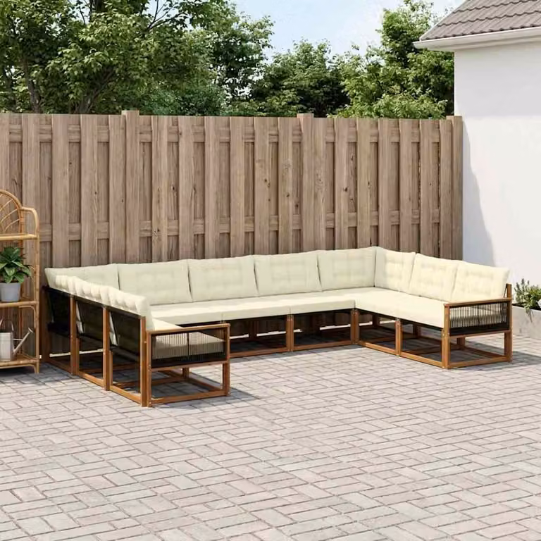 vidaXL Set di divani da esterno componibile 9 pz in legno di acacia con cuscini beige e bianco