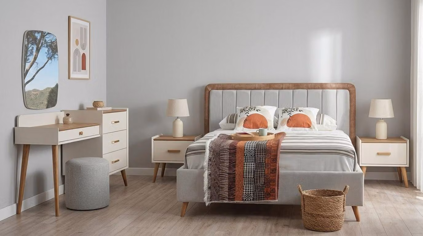 Set per camera da letto: letto, 2 comodini, cassettiera, specchio, pouf. Stile moderno, colore beige