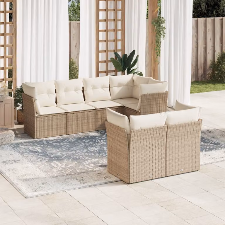 vidaXL Set Divani da Giardino 7 pz con Cuscini Beige in Polyrattan e Acciaio