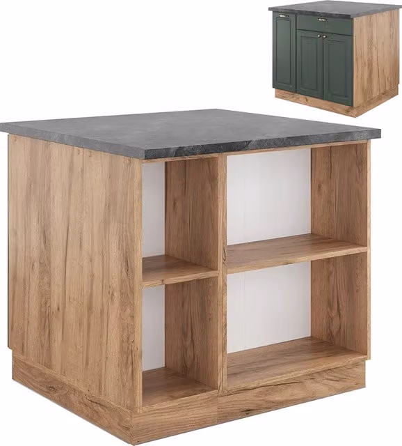 Isola cucina Fame-Line Verde-oro rustico/Rovere dorato 90 cm con cassetto, senza piano di lavoro Vicco