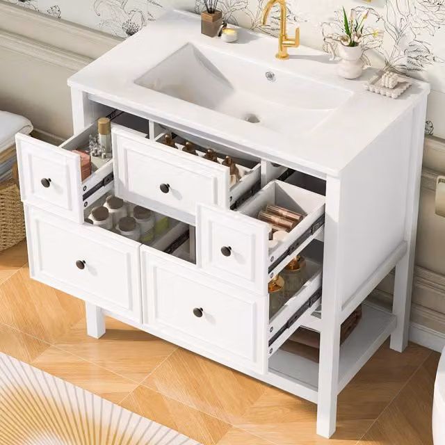 Mobile Sottolavabo Freestanding ¨C Minimal ¨C Bianco, 5 Cassetti, Ripiani Aperti, 76x46,5x82,3 cm