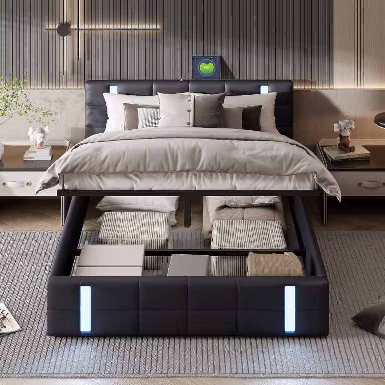 Letto imbottito con LED/USB, letto a molle idrauliche 140x200cm con rete a doghe e contenitore, letto matrimoniale in legno letto per ragazzi in Pelle finta, nero