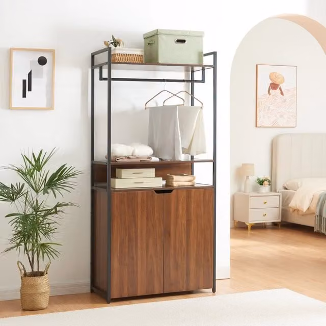 Organizzatore Guardaroba Larem en.casa con Armadietto e Porta Abiti, Nero e Effetto Noce, H: 180 cm, L: 84 cm, P: 40 cm