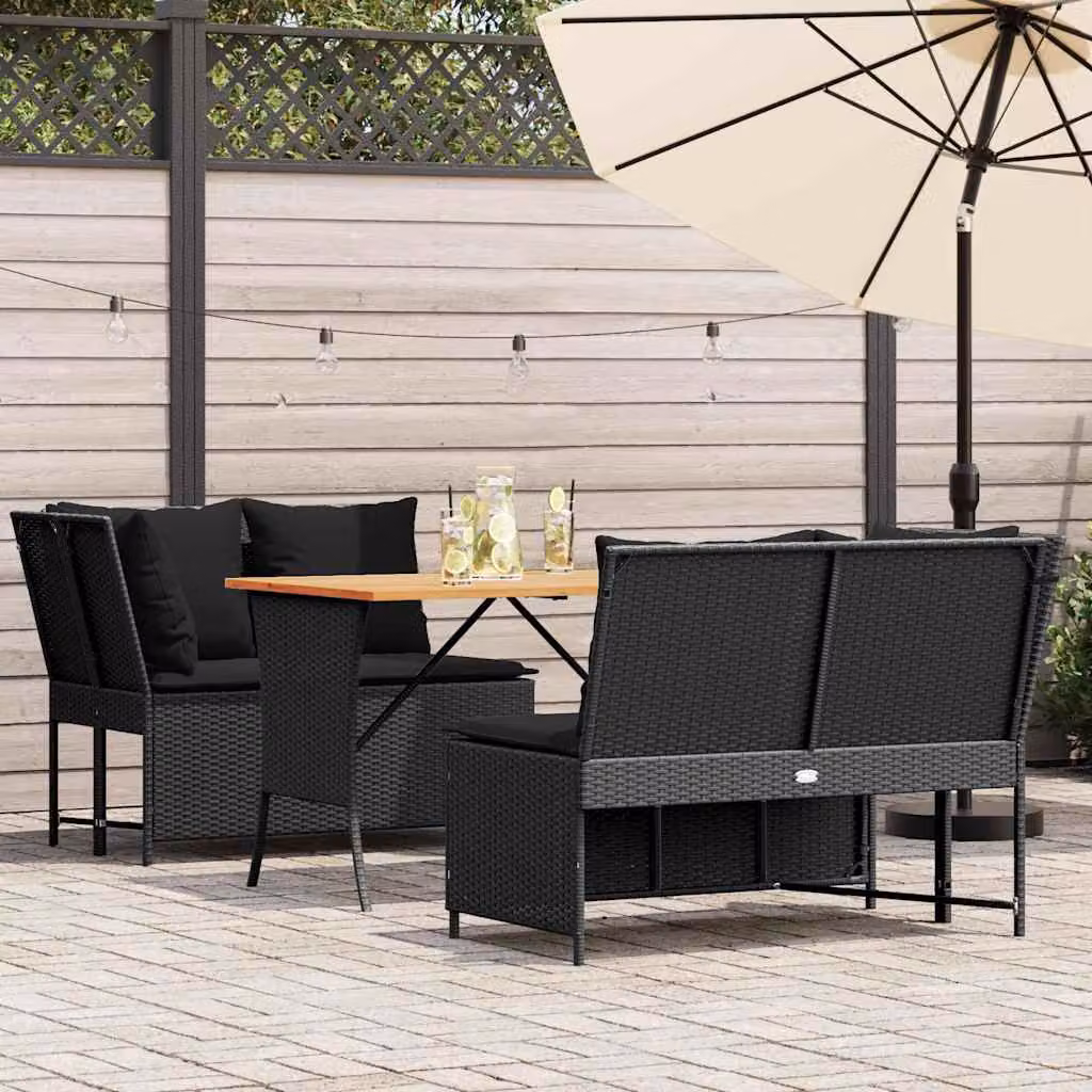 Set Divani da Giardino L-Shape vidaXL con Tavolino e Cuscini Neri in Polyrattan e Acciaio – 1