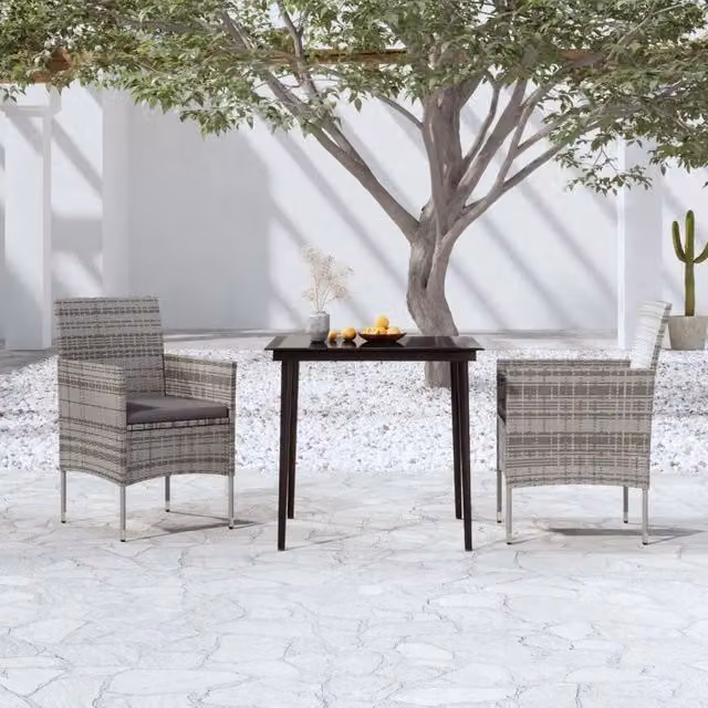Set da Pranzo da Giardino Moderno vidaXL in Polyrattan con Piano in Vetro, Grigio e Nero