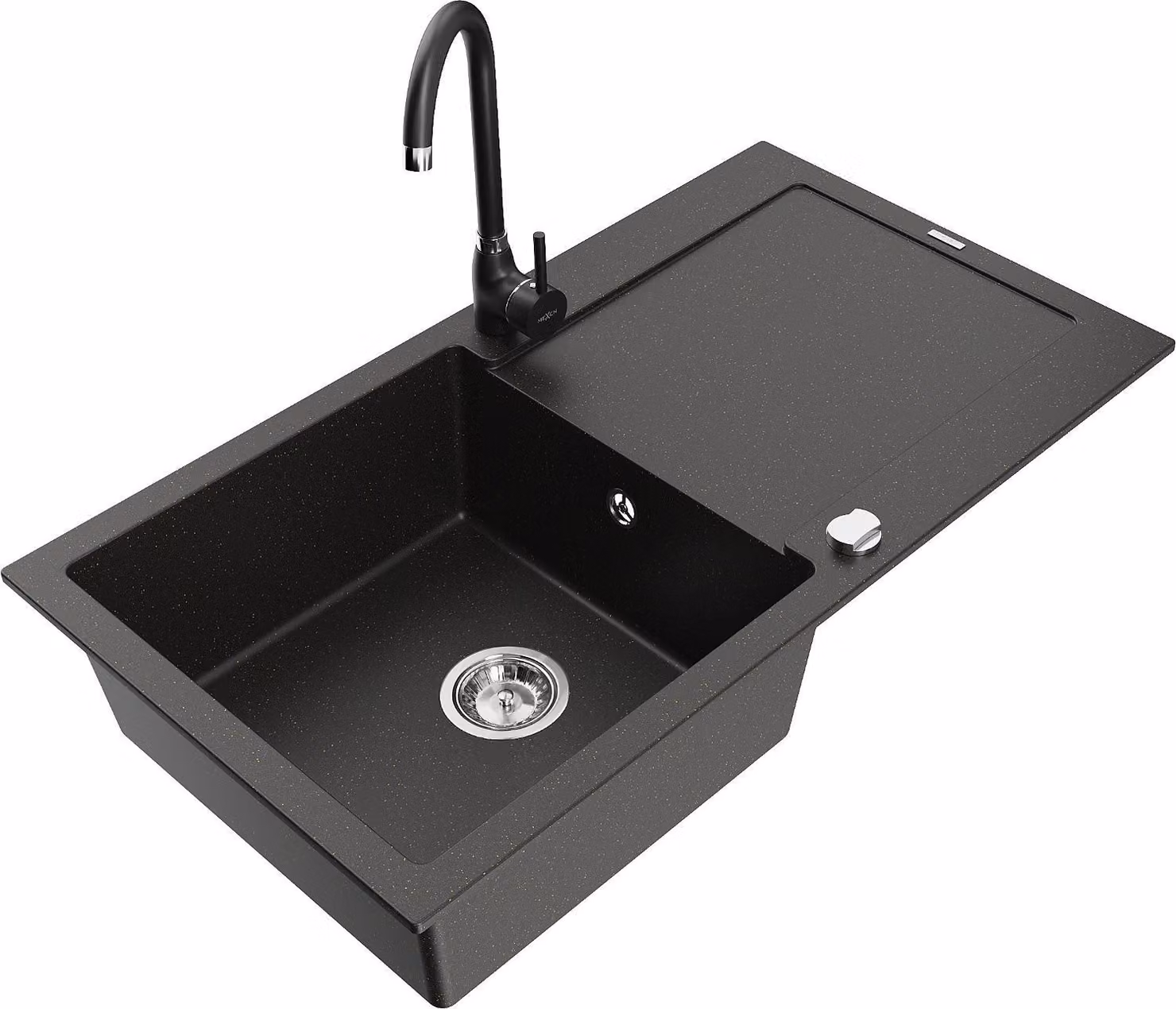 Mexen Leo lavello in granito a 1 vasca con scolapiatti e rubinetto da cucina Telma, nero/oro metallizzato - 6501-75-670200-70