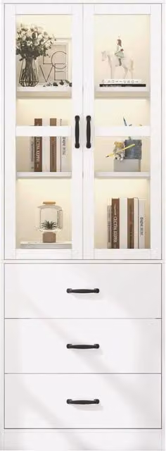 Vetrina alta moderna per soggiorno con 2 ante in vetro, 3 cassetti e 2 ripiani regolabili con illuminazione LED integrata, in MDF e vetro, bianca o nera