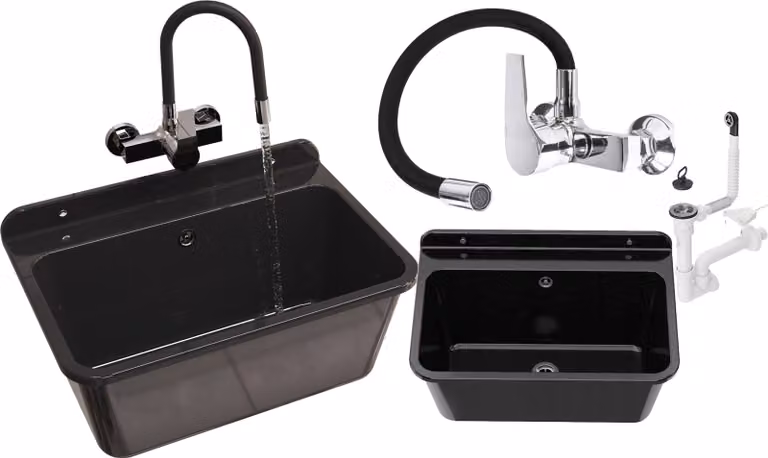 Granitan - Lavatoio - Lavandino 61x41 cm - Lavello nero - con miscelatore FLEX e sifone - LARGE