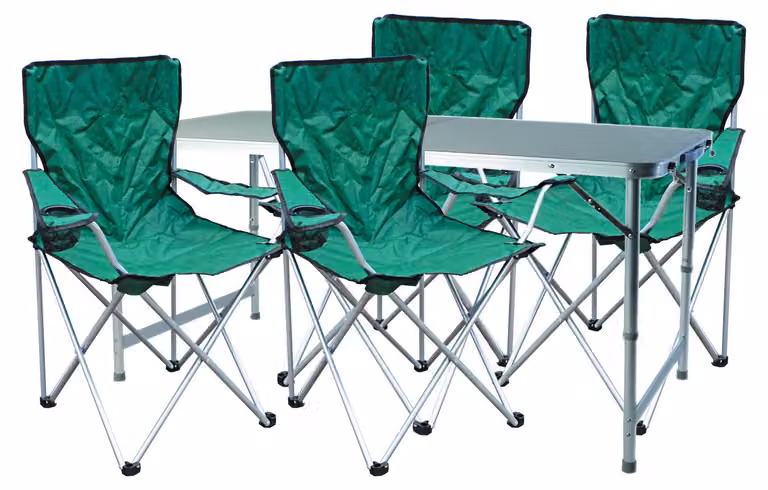 Set di mobili da campeggio da 5 pezzi, verde: 4 sedie con borsa inclusa + 1 tavolo XXL