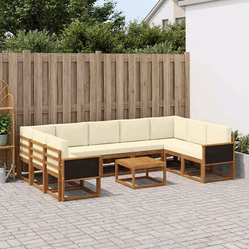 vidaXL Set di divani da esterno componibili a L in legno di acacia con tavolino e cuscini, Marrone e Beige