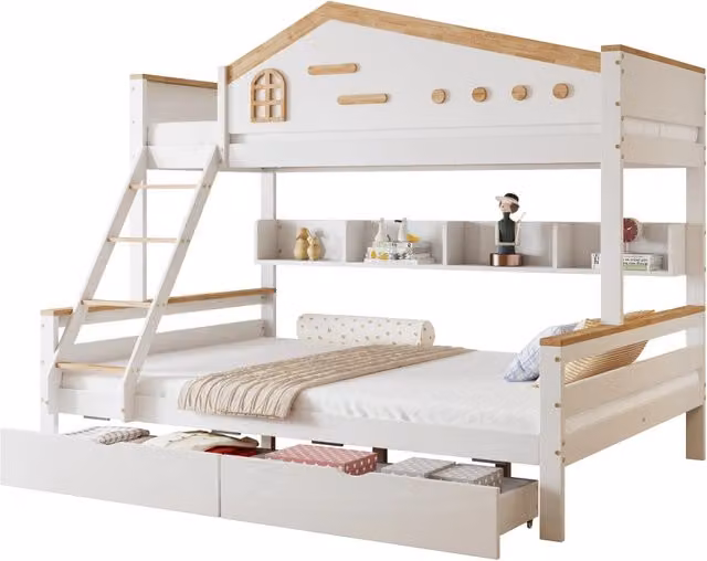 Letto a castello per bambini REDOM con struttura a casetta, 2 cassetti e mensole, Bianco/Beige, L/P/H: 148,5 x 205 x 167,5 cm – 1