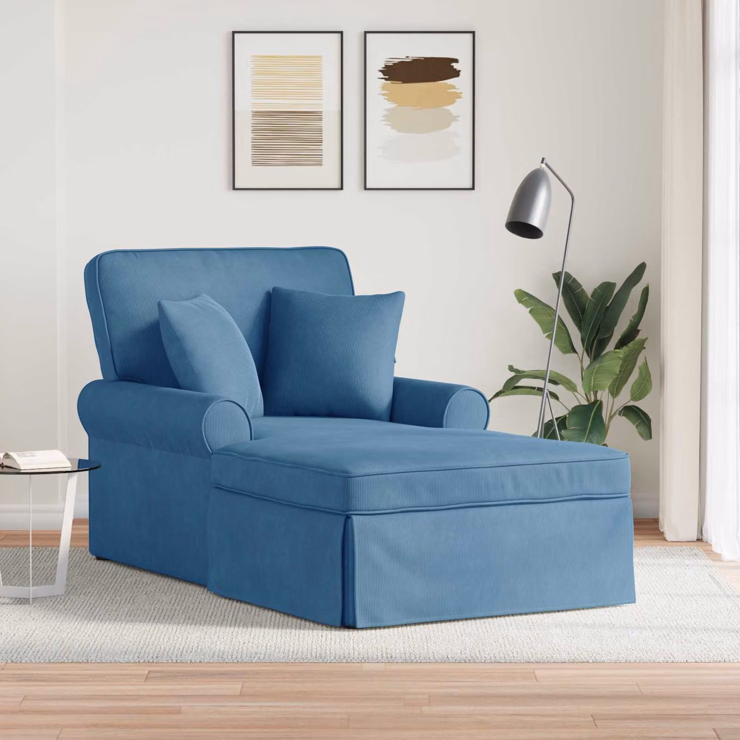 vidaXL Chaise Longe Moderna in Tessuto a Costine Blu con Gonna e Cuscini, Set da 3 Pezzi – 1