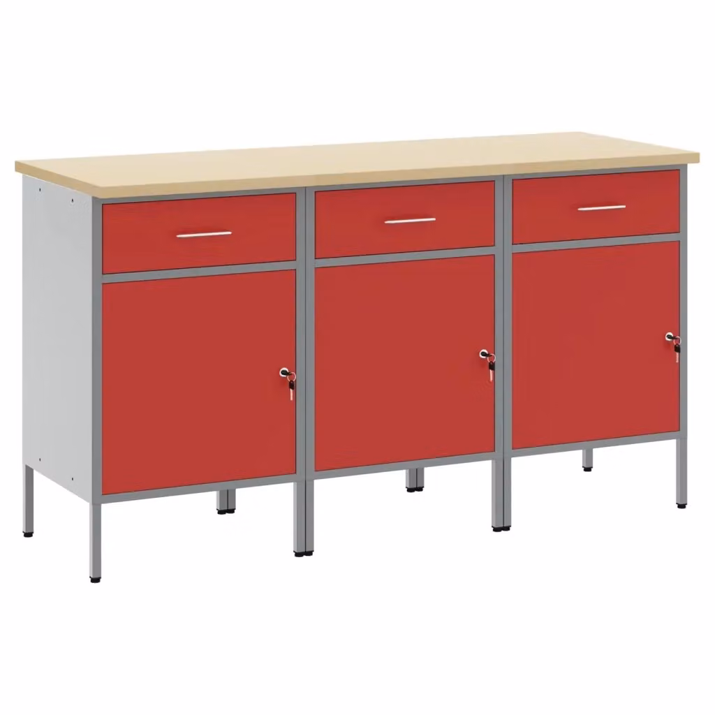 Set di 3 mobili da lavoro vidaXL in acciaio e legno, Rosso e Grigio, L: 150 cm, P: 55 cm, H: 85 cm – 2