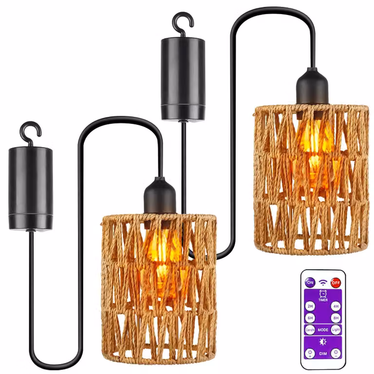 Set di 2 lampade a sospensione in rattan, attacco E27, alimentate a batteria, stile boho