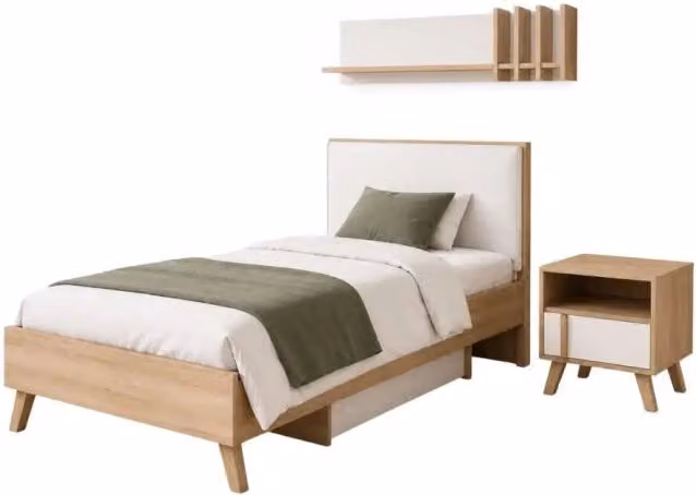 Set camera da letto per bambini MALMO con letto 90x200, comodino e scaffale – Rovere chiaro e bianco
