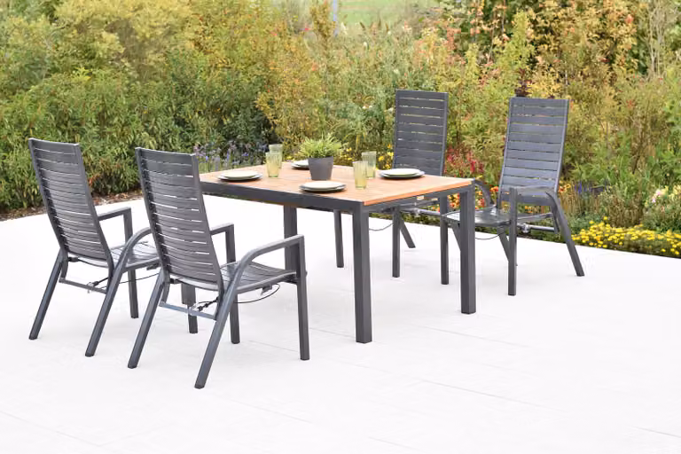 Set di mobili da giardino Merxx Siros, 5 pezzi, 4 poltrone regolabili tramite molla a gas, tavolo allungabile 150 (200) x 90 cm - Acacia/Alluminio
