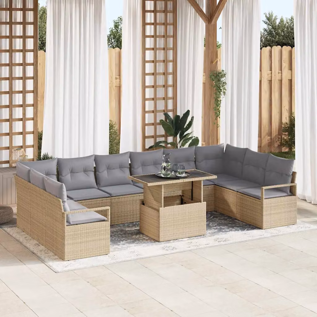 Set Divano da Giardino vidaXL 11 Pezzi a Forma di U con Tavolino, Struttura in Metallo e Cuscini Rimovibili, Grigio e Beige