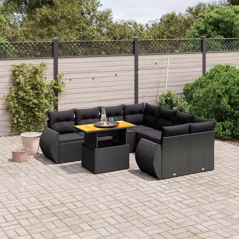 Set di divani da giardino vidaXL in polyrattan nero con cuscini, forma a L e tavolino da caffè