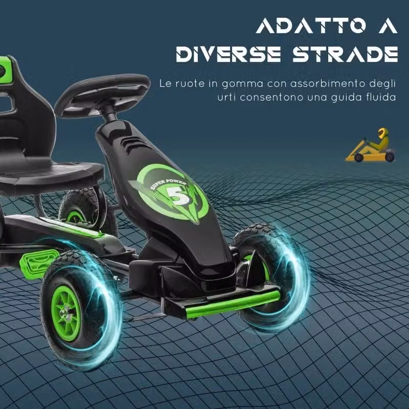 Go Kart a pedali per bambini con sedile regolabile in metallo e polipropilene, Verde e Nero, L 121 x P 58 x H 61 cm – 2