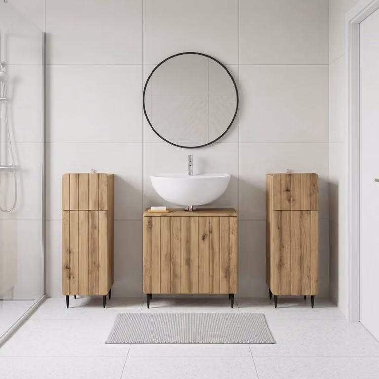 Set di mobili da bagno vidaXL ZWOLLE in 3 pezzi, design minimalista in legno rovere marrone con ante a cerniera, L/P/H: 59,5 x 31,5 x 59,0 cm