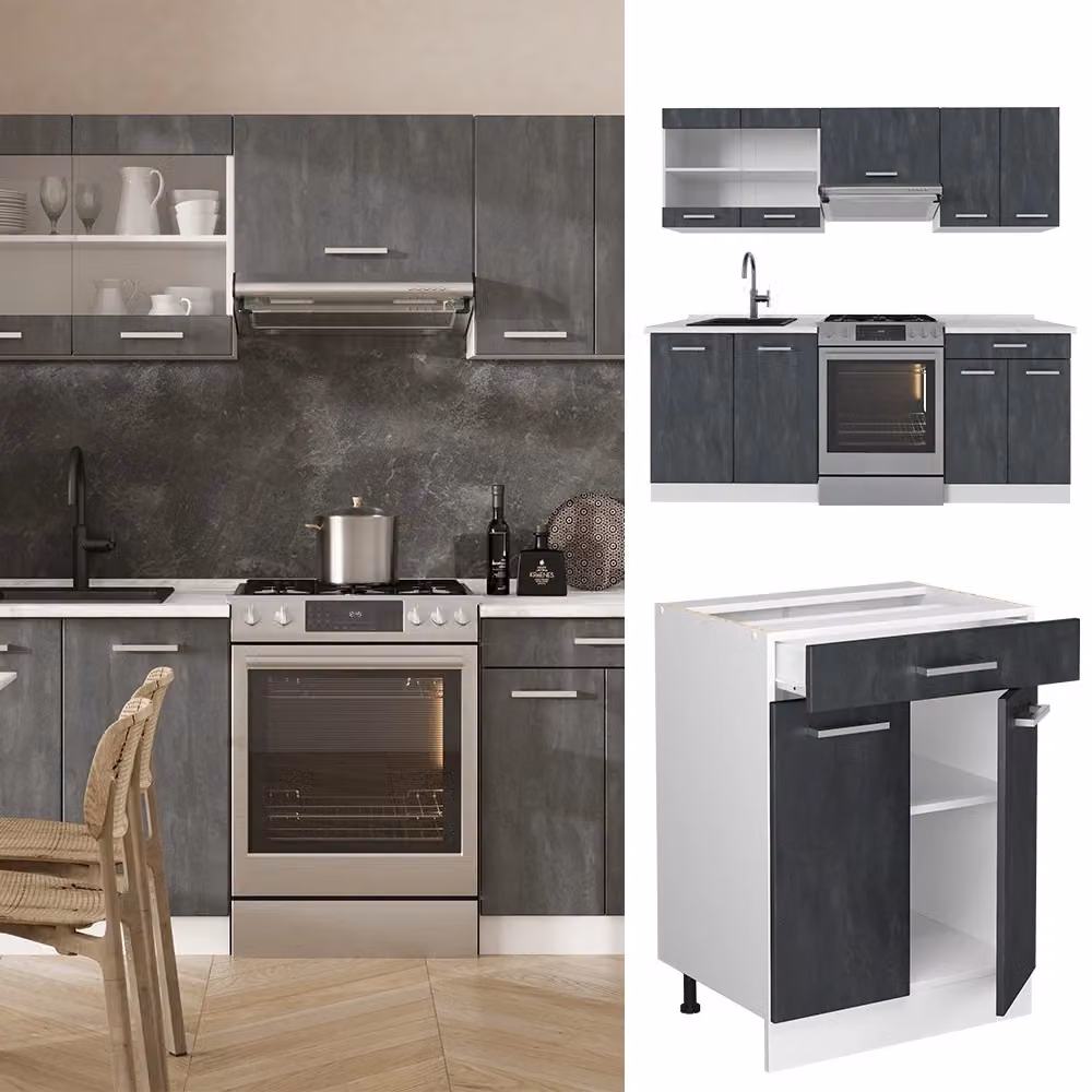 Mobile da cucina moderno Vicco R-Line con ante a battente, L/P/H: 200 x 60 x 81,6 cm, colore nero, bianco e rovere opaco – 2
