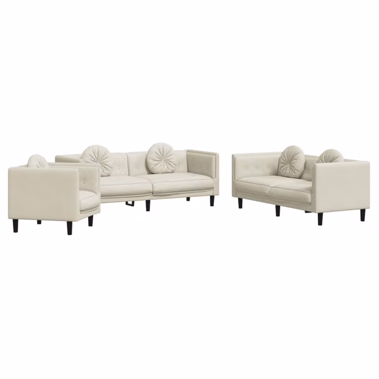 Set di Divani 3 pz con Cuscini Crema in Velluto