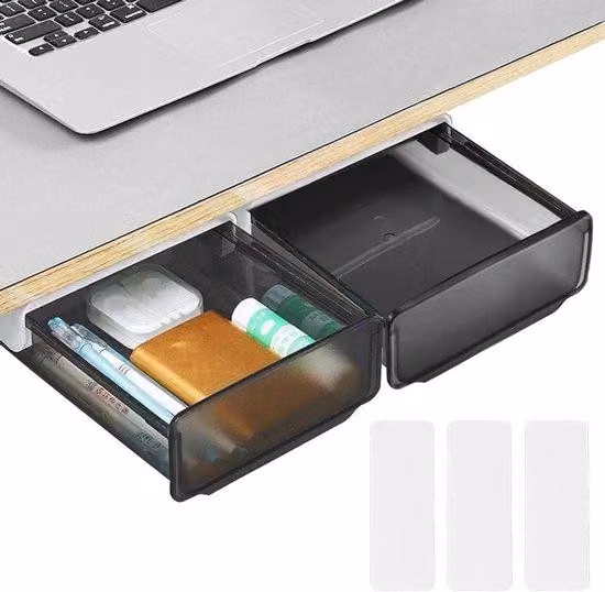Cassetti autoadesivi a due scomparti per scrivania - Set da 2 - Accessori da ufficio per l'home office - Grigio-bianco e nero