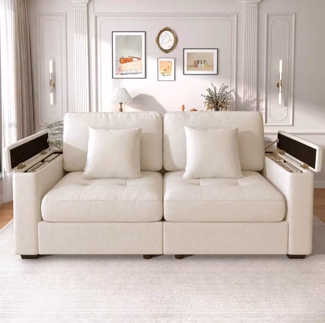 Divano 2 posti 180 cm con contenitore nei braccioli; in tessuto Chenille beige