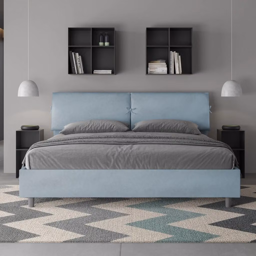 Letto Matrimoniale King Size Mados con Contenitore e Testata Imbottita in Microfibra Azzurro L: 180 cm x P: 210 cm – 2