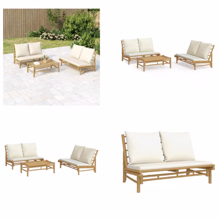 vidaXL Set da salotto da giardino in 3 pezzi con cuscini in bambù crema - Set da salotto da giardino - Set da salotto - Set di mobili da giardino