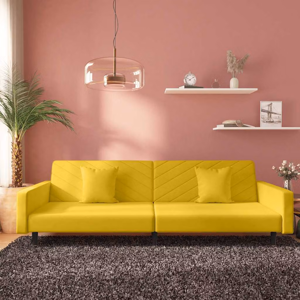 vidaXL Divano Letto Click-Clack in Velluto Giallo con 2 Cuscini e Struttura in Legno Massiccio
