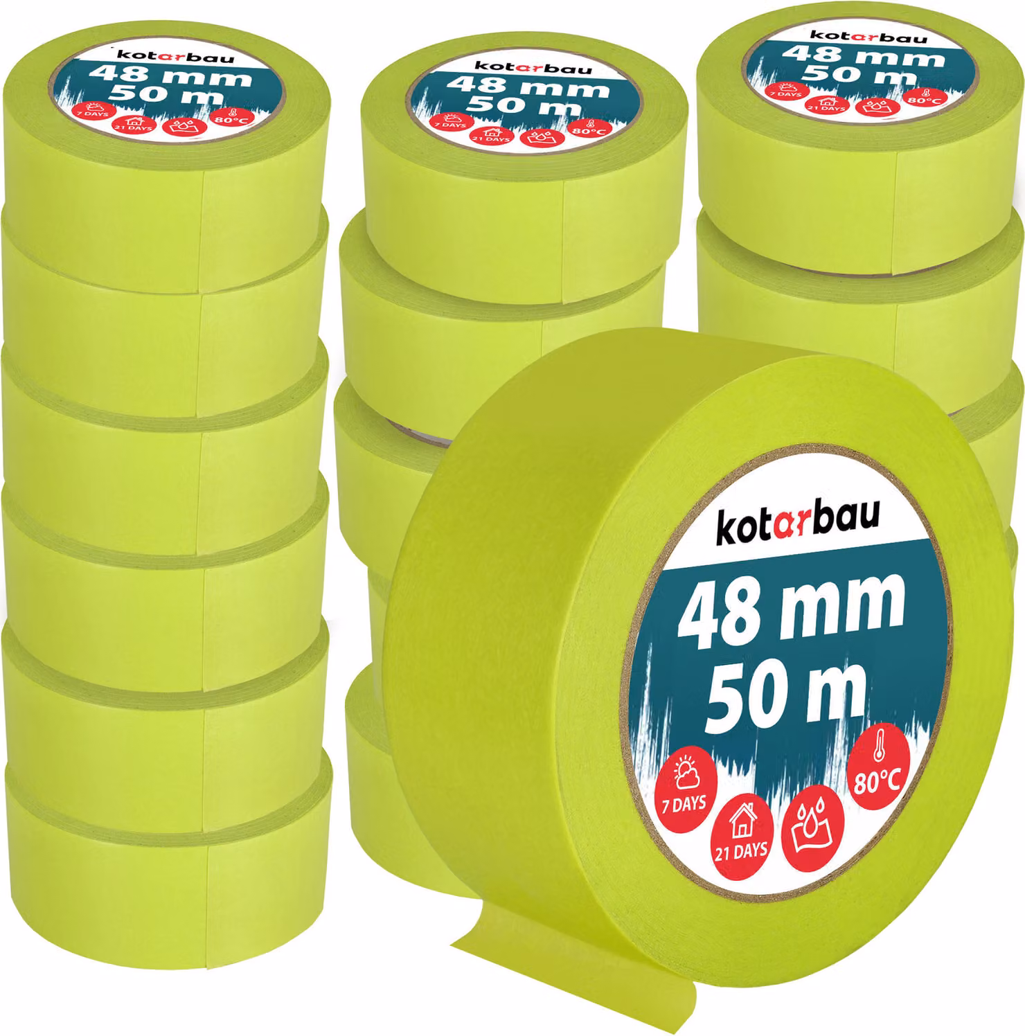KOTARBAU® Set di 24 nastri per mascheratura al neon Nastro per mascheratura da 50 m Nastro per mascheratura da 48 mm Nastro per pittori Accessori per pittori Carta per mascheratura verde fluorescente Articoli per la pittura