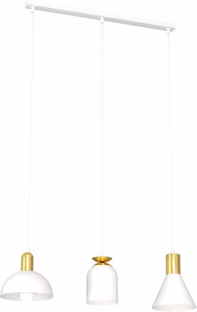 Lampadario a soffitto Luceart-Classic Badb con 3 luci in acciaio bianco e oro con paralumi a cono e altezza regolabile