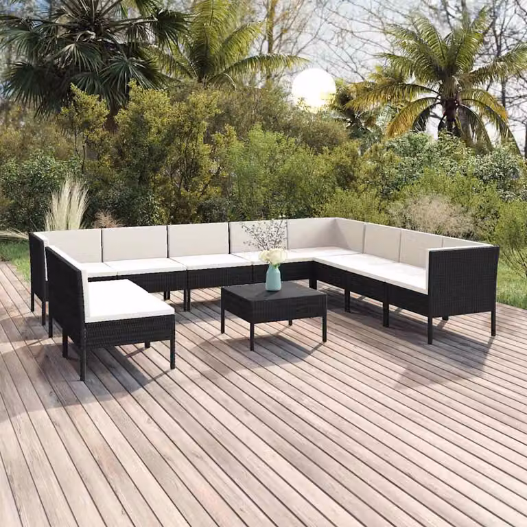 Set Divani da Giardino vidaXL 11 Pezzi con Tavolino e Cuscini, Design Moderno a Forma di U, Struttura in Metallo e Polyrattan Nero e Bianco