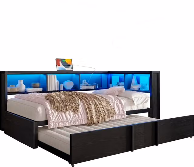 Letto divano singolo 90 × 200 cm con letto estraibile, 5 armadietti, LED regolabile e USB, senza materasso, nero