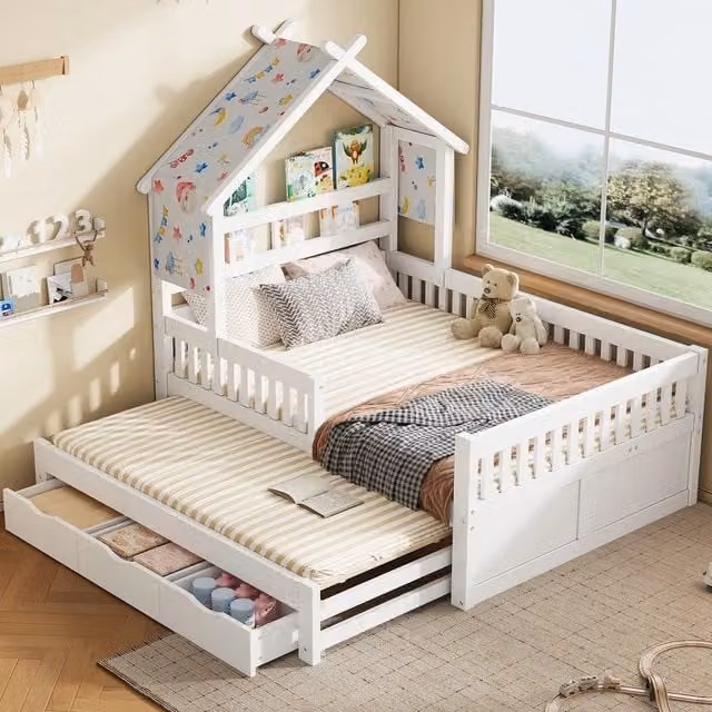 Letto Casetta con Letto Estraibile, 3 Cassetti e Sponde ¨C Xylo ¨C Bianco 140x200