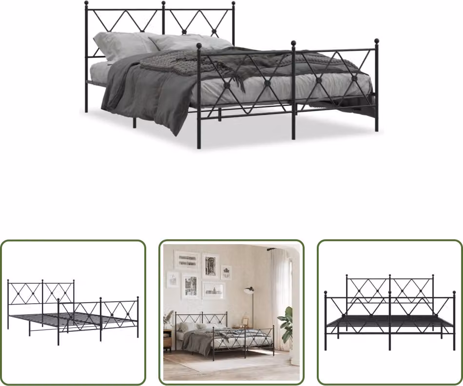 The Living Store Struttura letto con testiera e pediera in metallo nero 137x190 cm