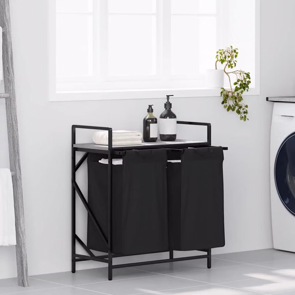 vidaXL Cesto per la Biancheria a 2 Scomparti con Ripiano, Grigio e Nero, L: 77,0 cm, P: 67,0 cm, H: 33,0 cm