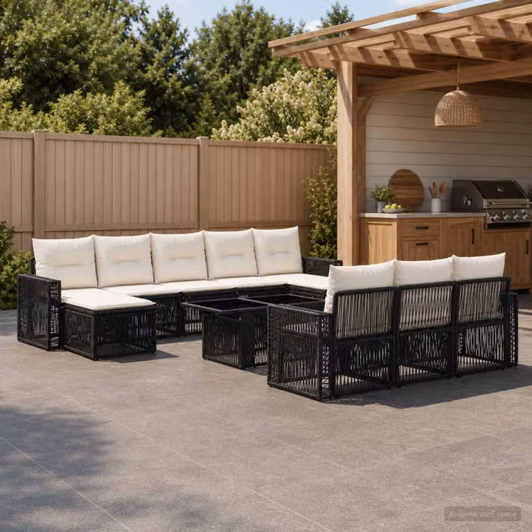 Set Divano da Giardino vidaXL 11 Pezzi a Forma di U in Polyrattan Nero e Bianco con Cuscini e Tavolino